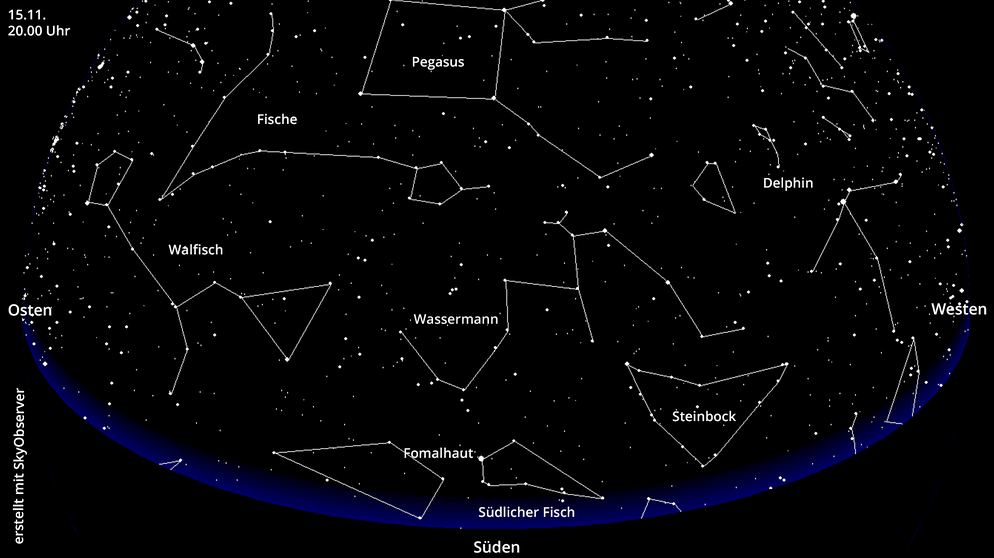 Sternkarte für die Sternbilder Pegasus, Fische, Walfisch, Wassermann und Südlicher Fisch im November | Bild: BR, Skyobserver
