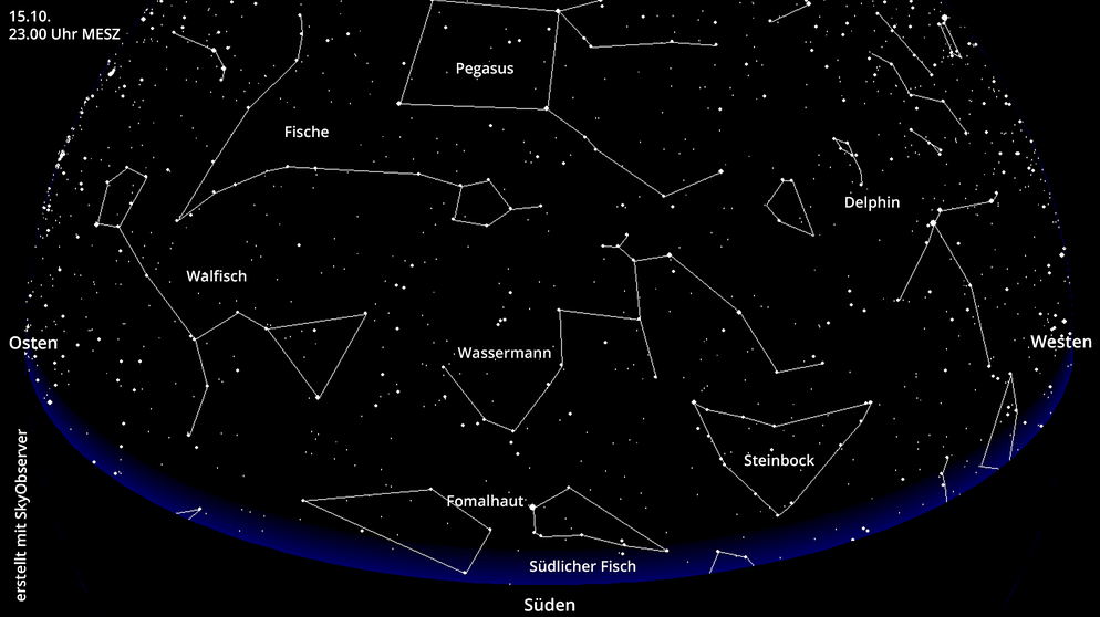 Sternkarte für die Sternbilder Pegasus, Fische, Walfisch, Wassermann und Südlicher Fisch im Oktober | Bild: BR, Skyobserver