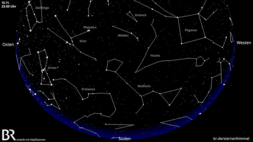 Das Sternbild Widder zwischen den umgebenden Sternbildern Stier, Dreieck, Pegasus, Fische und Walfisch auf einer Sternkarte für Mitte November um 23.00 Uhr. Anfang November stehen die Sternbilder erst um 0.00 Uhr wie angezeigt, Ende November schon um 22.00 Uhr | Bild: Skyobserver, BR