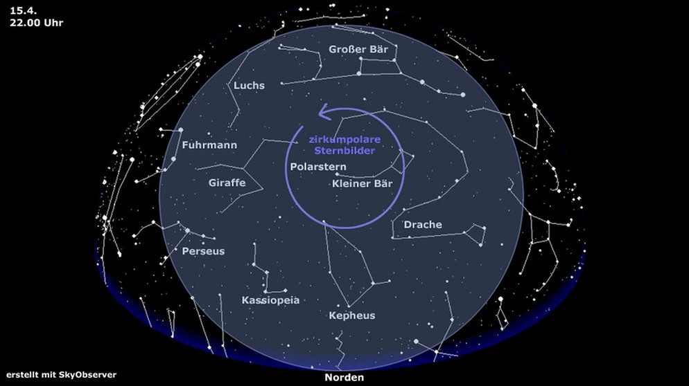 Sternkarte für die zirkumpolaren Sternbilder (gültig am 15.4. um 22.00 Uhr) | Bild: BR, Skyobserver