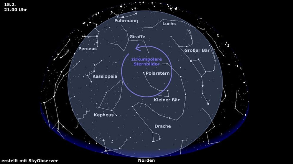 Sternkarte für die zirkumpolaren Sternbilder (gültig am 15.2. um 21.00 Uhr) | Bild: BR, Skyobserver