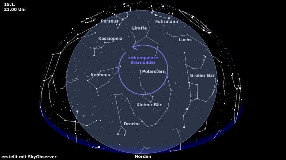 Sternkarte für die zirkumpolaren Sternbilder (gültig am 15.1. um 21.00 Uhr) | Bild: BR, Skyobserver