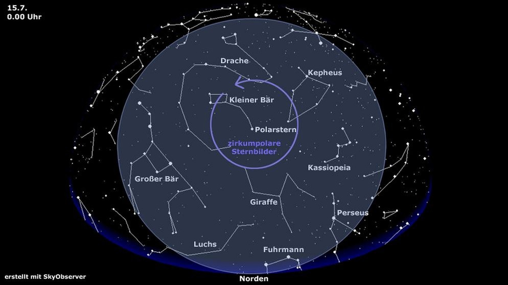 Sternkarte für die zirkumpolaren Sternbilder (gültig am 15. Juli um 0.00 Uhr) | Bild: BR, Skyobserver