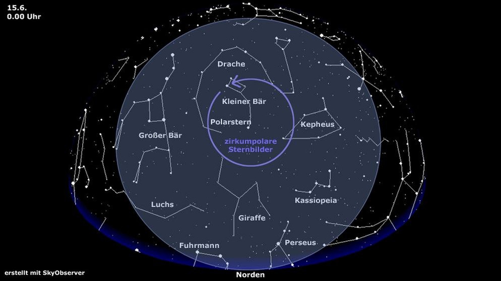 Sternkarte für die zirkumpolaren Sternbilder (gültig am 15. Juni um 0.00 Uhr) | Bild: BR, Skyobserver