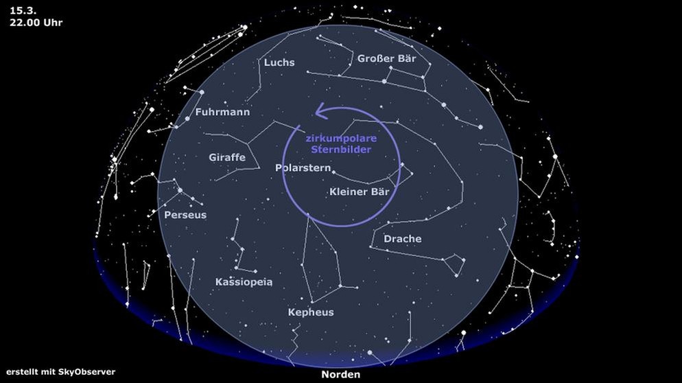 Sternkarte für die zirkumpolaren Sternbilder (gültig am 15.3. um 22.00 Uhr) | Bild: BR, Skyobserver
