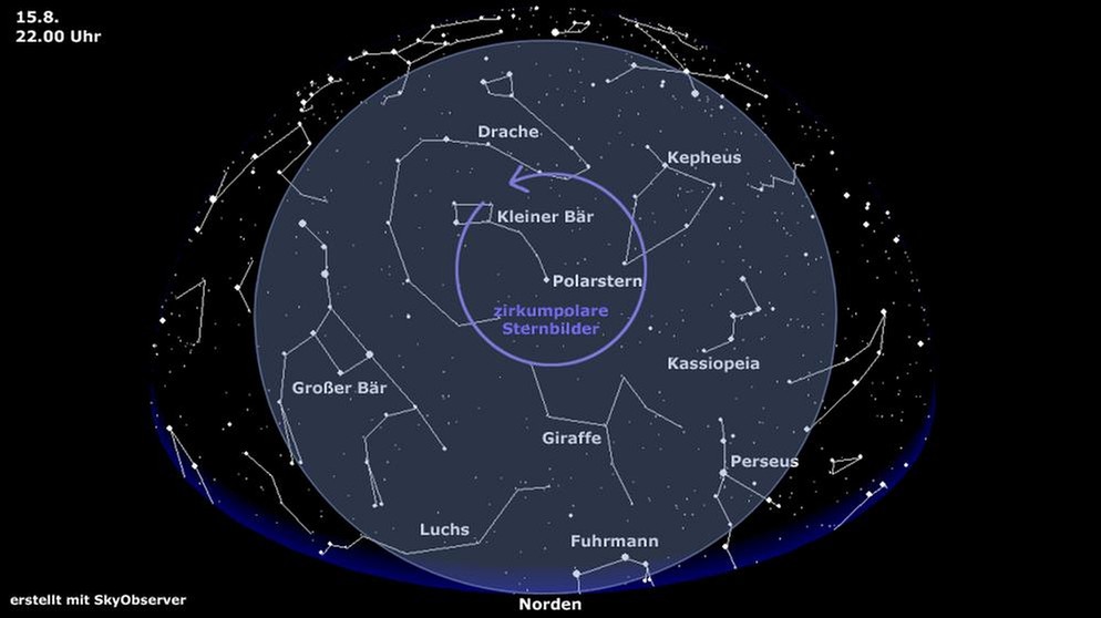 Sternkarte für die zirkumpolaren Sternbilder (gültig am 15. August um 22.00 Uhr) | Bild: BR, Skyobserver