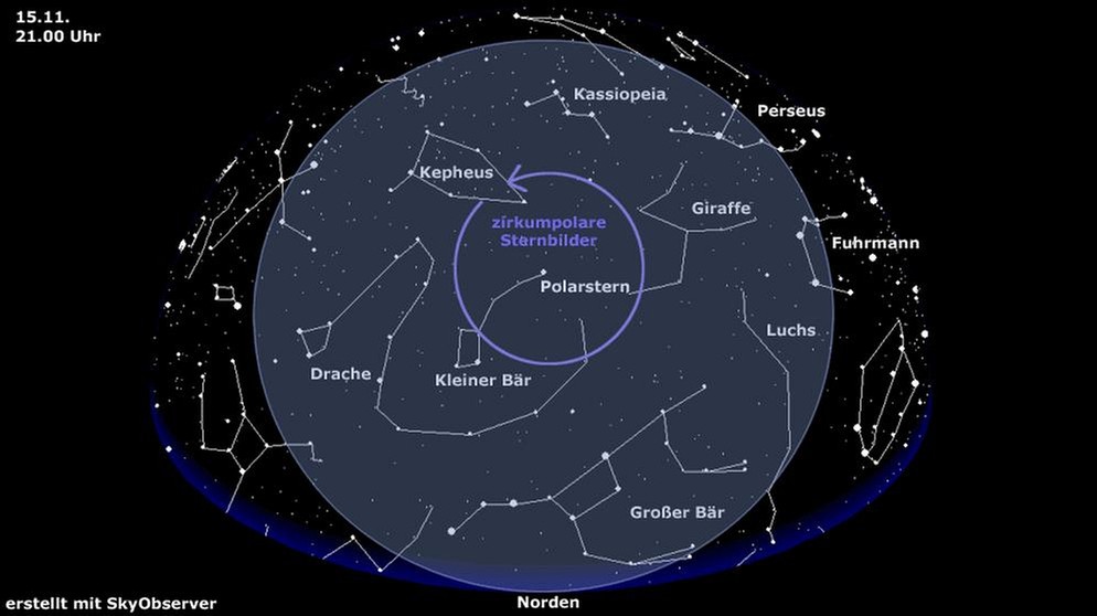 Sternkarte für die zirkumpolaren Sternbilder (gültig am 15.11. um 21.00 Uhr) | Bild: BR, Skyobserver