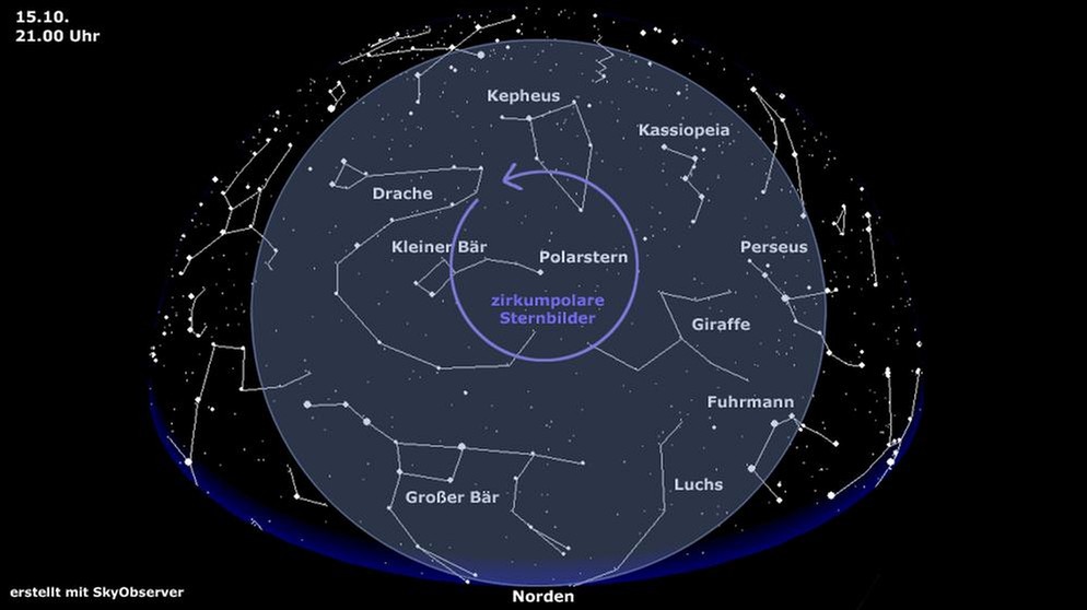 Sternkarte für die zirkumpolaren Sternbilder (gültig am 15. Oktober um 21.00 Uhr) | Bild: BR, Skyobserver