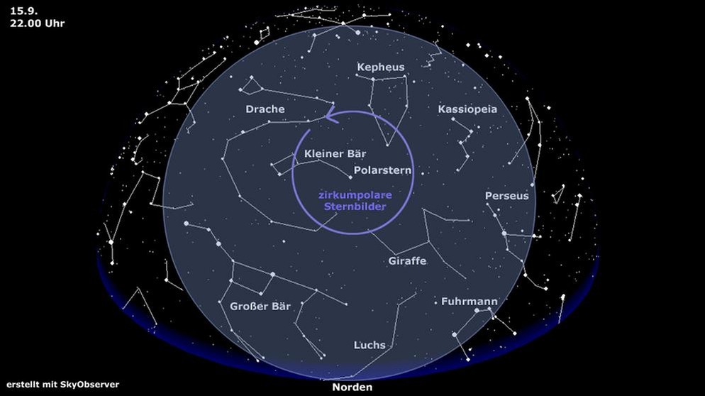 Sternkarte für die zirkumpolaren Sternbilder (gültig am 15. September um 22.00 Uhr) | Bild: BR, Skyobserver