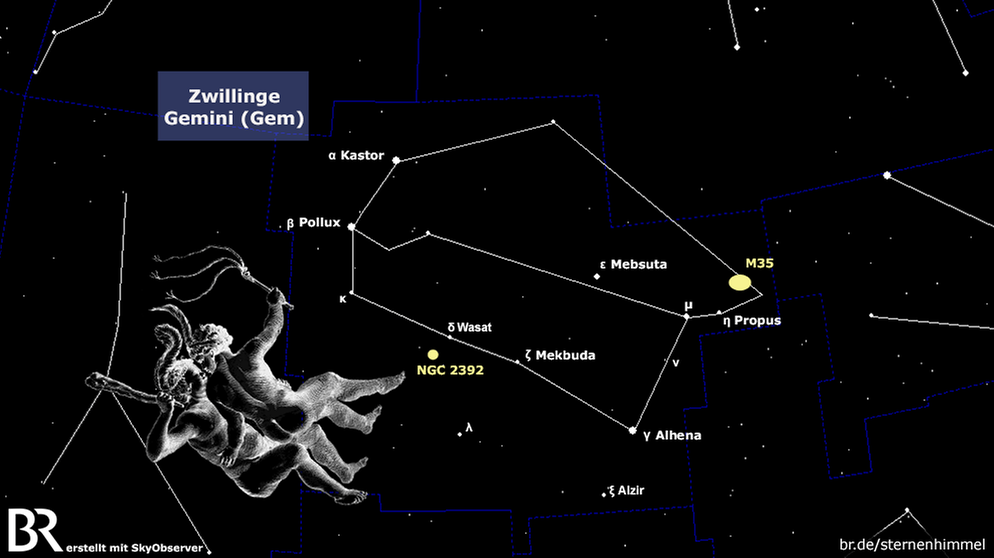 Sternkarte für das Sternbild Zwillinge (Gemini, Gem). Die Zwillinge sind vor allem im Winter an unserem Sternenhimmel zu sehen. Das Sternbild gehört zum Wintersechseck, das in den Wintermonaten den Sternenhimmel dominiert. | Bild: BR, Skyobserver, NASA/U.S. Naval Observatory's Library