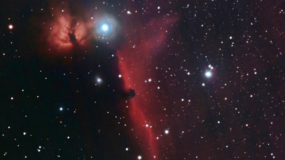 Eingebettet an den Gürtelsternen des Wintersternbilds Orion befinden sich die Gasnebel Flammen und Pferdekopfnebel, benannt durch die Dunkelwolke, die an das Aussehen eines Pferdekopfes erinnert | Bild: Alfred Falk