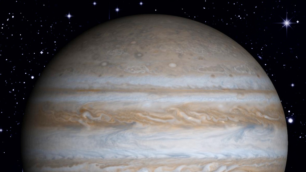 Collage des Planeten Jupiter vor dem Sternenhimmel | Bild: NASA, colourbox.com
