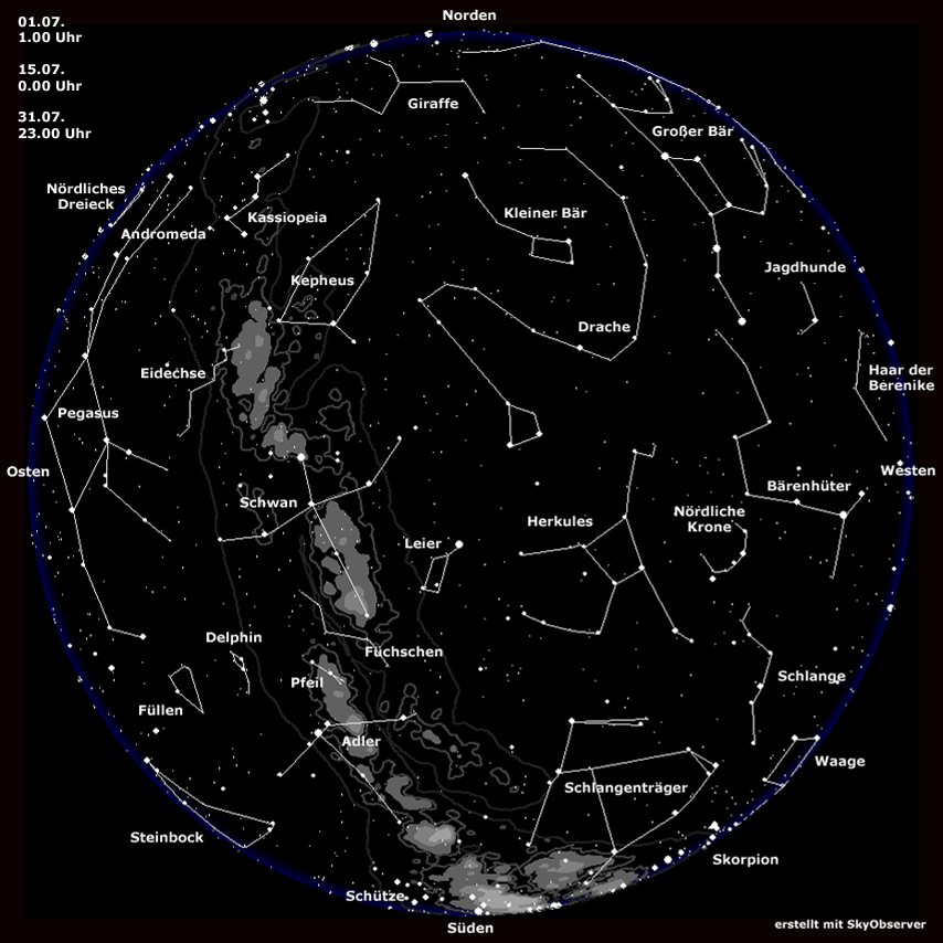 Sternkarte für Juli | Bild: BR/erstellt mit Skyobserver