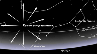 Sternkarte mit dem Radiant der Quatrantiden zwischen den Sternbildern Bärenhüter, Großer Bär und Drache | Bild: BR, Skyobserver