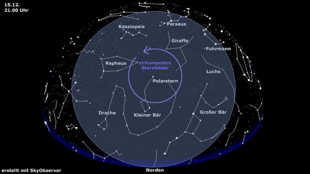 Sternkarte für die zirkumpolaren Sternbilder (gültig am 15.12. um 21.00 Uhr) | Bild: BR, Skyobserver